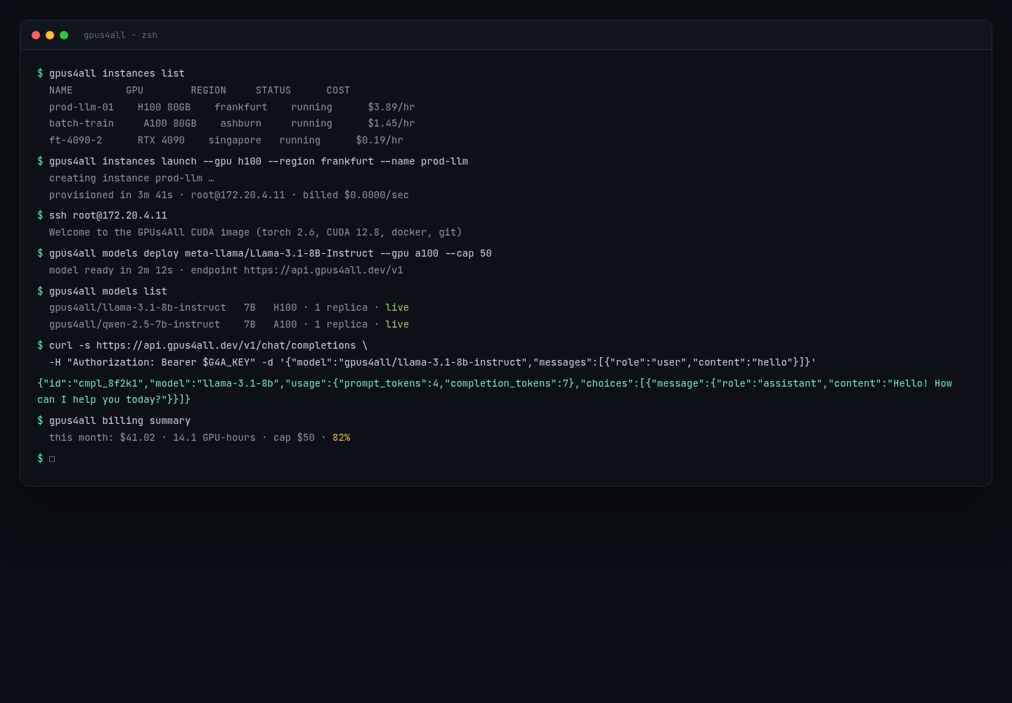 Terminal window showing instance launch, model deploy, and a chat completion